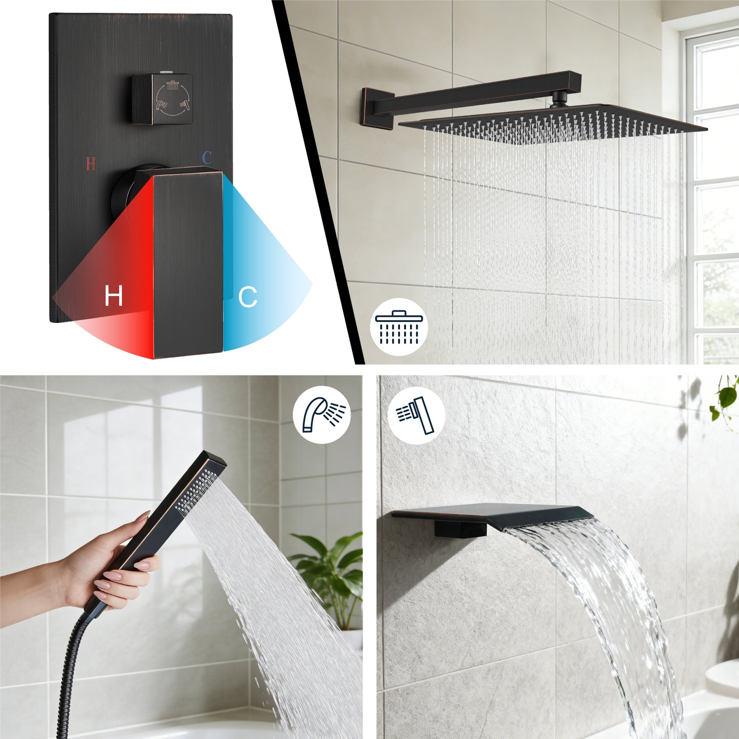 
                  
                    Midanya Rain Shower System Tub Shower Faucet Set 16 Inch Square Rainfall High Pressure Shower Head with Handheld Sprayer and Waterfall Tub Spout Rough-in Valve Shower Mixer Combo
                  
                