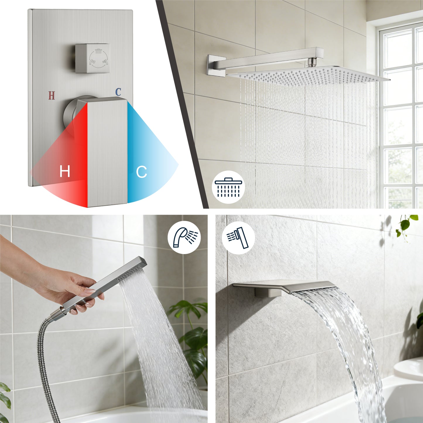 
                  
                    Midanya Rain Shower System Tub Shower Faucet Set 16 Inch Square Rainfall High Pressure Shower Head with Handheld Sprayer and Waterfall Tub Spout Rough-in Valve Shower Mixer Combo
                  
                