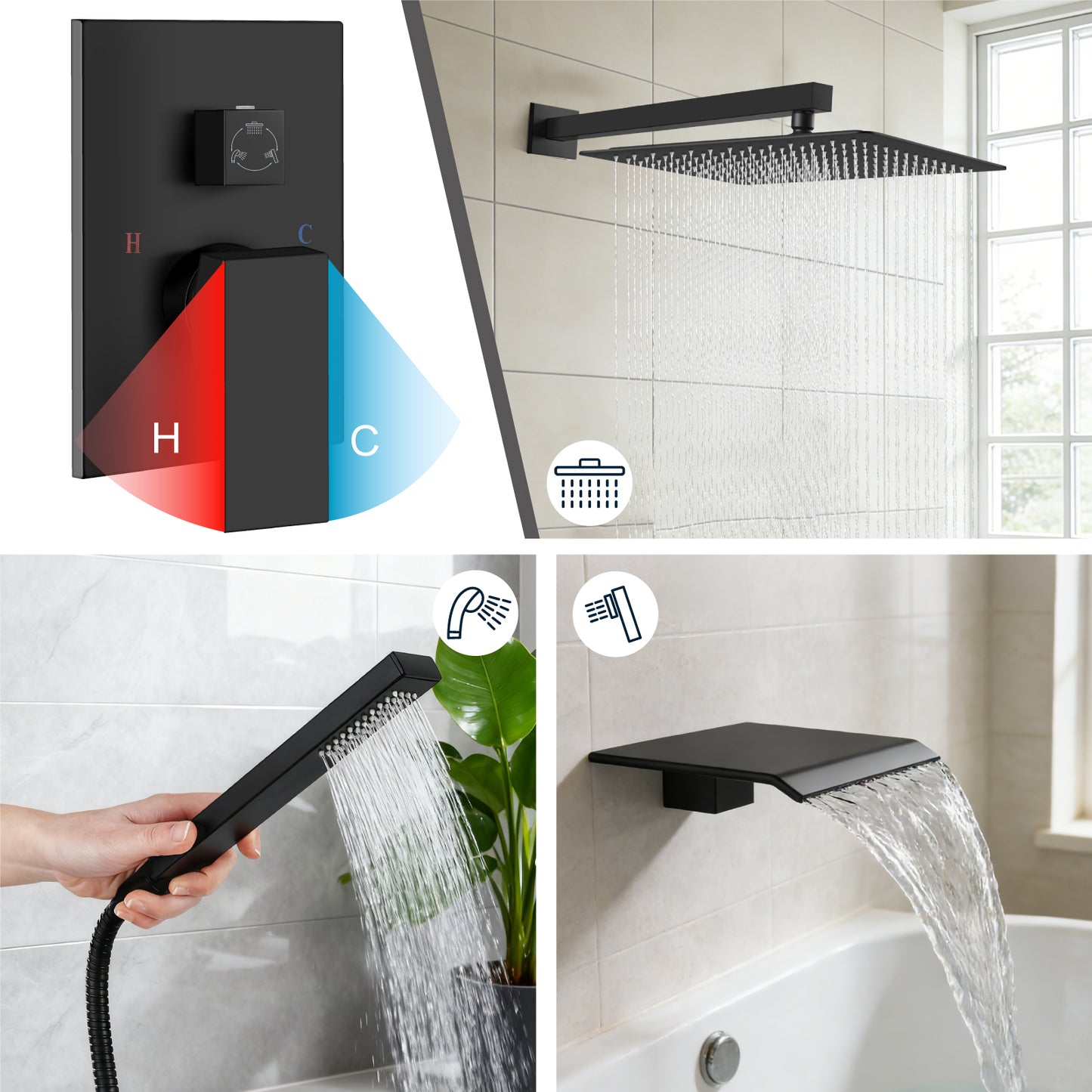 
                  
                    Midanya Rain Shower System Tub Shower Faucet Set 16 Inch Square Rainfall High Pressure Shower Head with Handheld Sprayer and Waterfall Tub Spout Rough-in Valve Shower Mixer Combo
                  
                