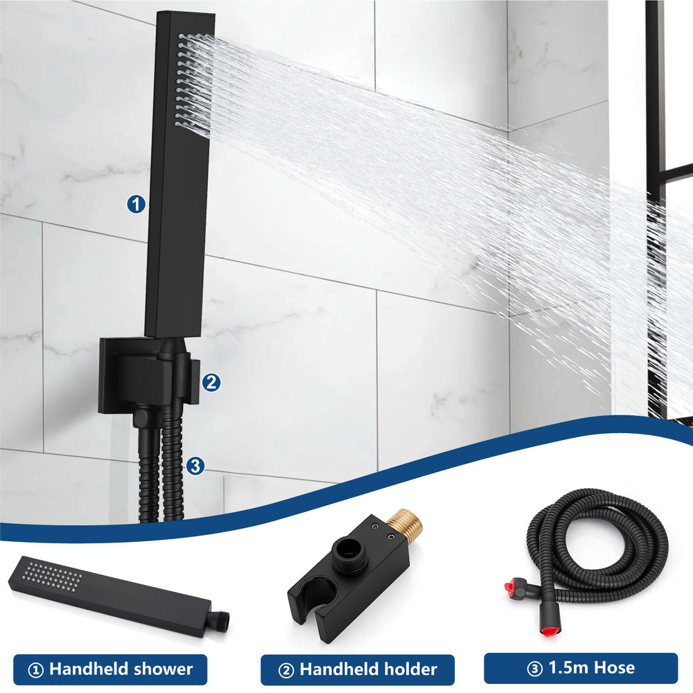 
                  
                    Midanya Rain Shower System Tub Shower Faucet Set Square Rainfall Head with Handheld Sprayer and Waterfall Tub Spout Combo,Wall Mount 10 Inch, Matte Black
                  
                