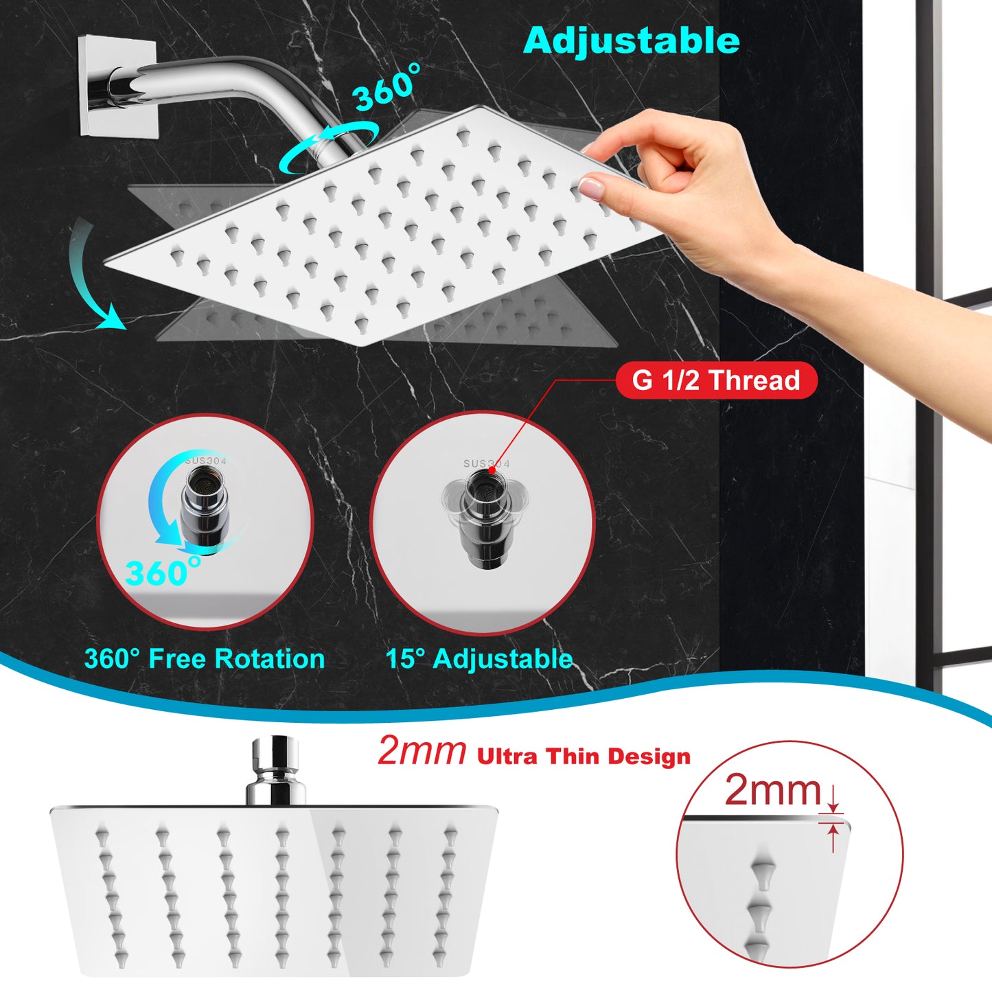 
                  
                    Midanya 6 inch Rainfall Shower Head Square Stainless Steel Rain Showerhead High Pressure Waterfall Crackproof Coverage with Silicone Nozzle 1/16" Ultra Thin Design Swivel Connector
                  
                