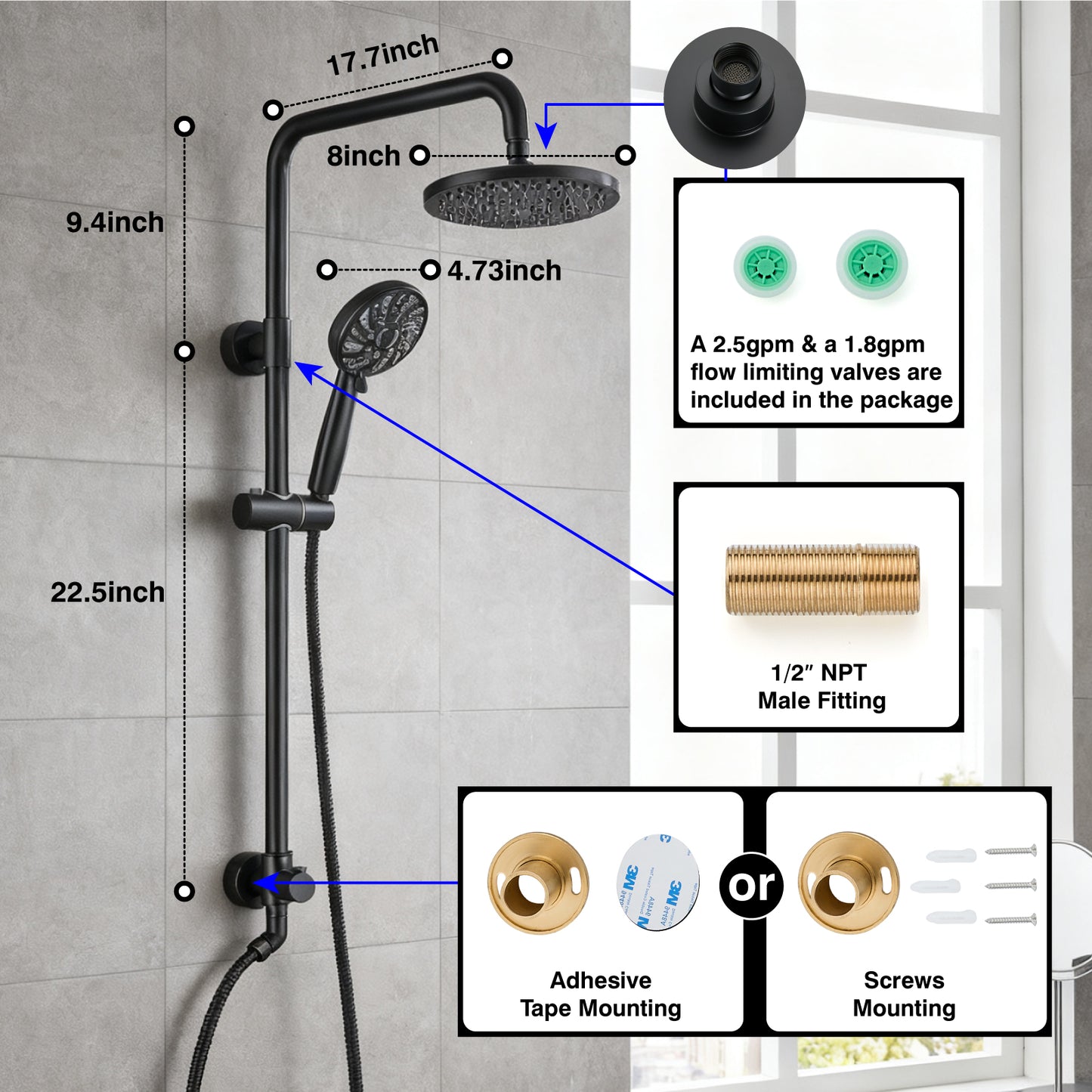 
                  
                    Midanya Retrofit Rain Shower System Wall Mount 8 Inch Rainfall Shower Head with 5-setting Handheld Spray Combo with Slide Bar
                  
                