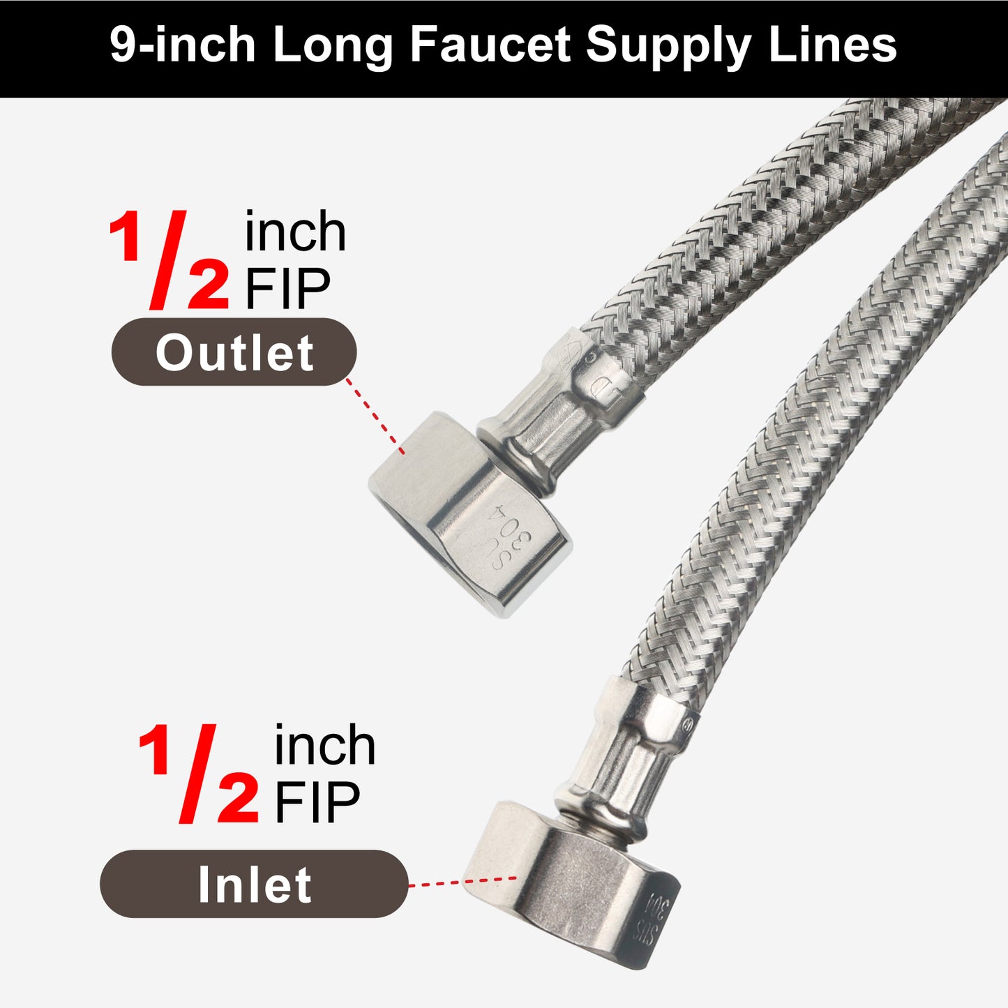 
                  
                    Midanya Faucet Supply Lines,Stainless Steel Braided Water Supply Line, 1/2" FIP x 1/2" FIP Faucet Hose, Faucet Hose Connector x 2 Pcs (1 Pair)
                  
                