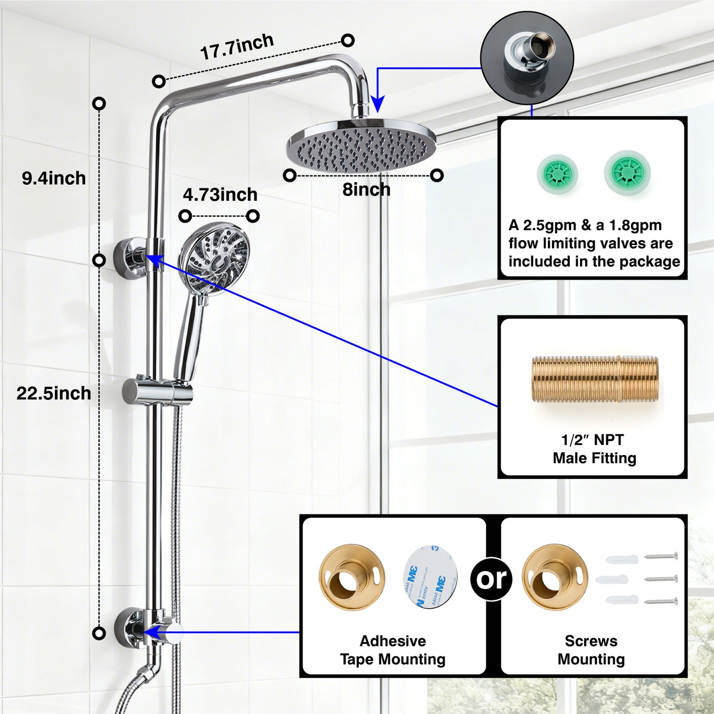 
                  
                    Midanya Retrofit Rain Shower System Wall Mount 8 Inch Rainfall Shower Head with 5-setting Handheld Spray Combo with Slide Bar
                  
                