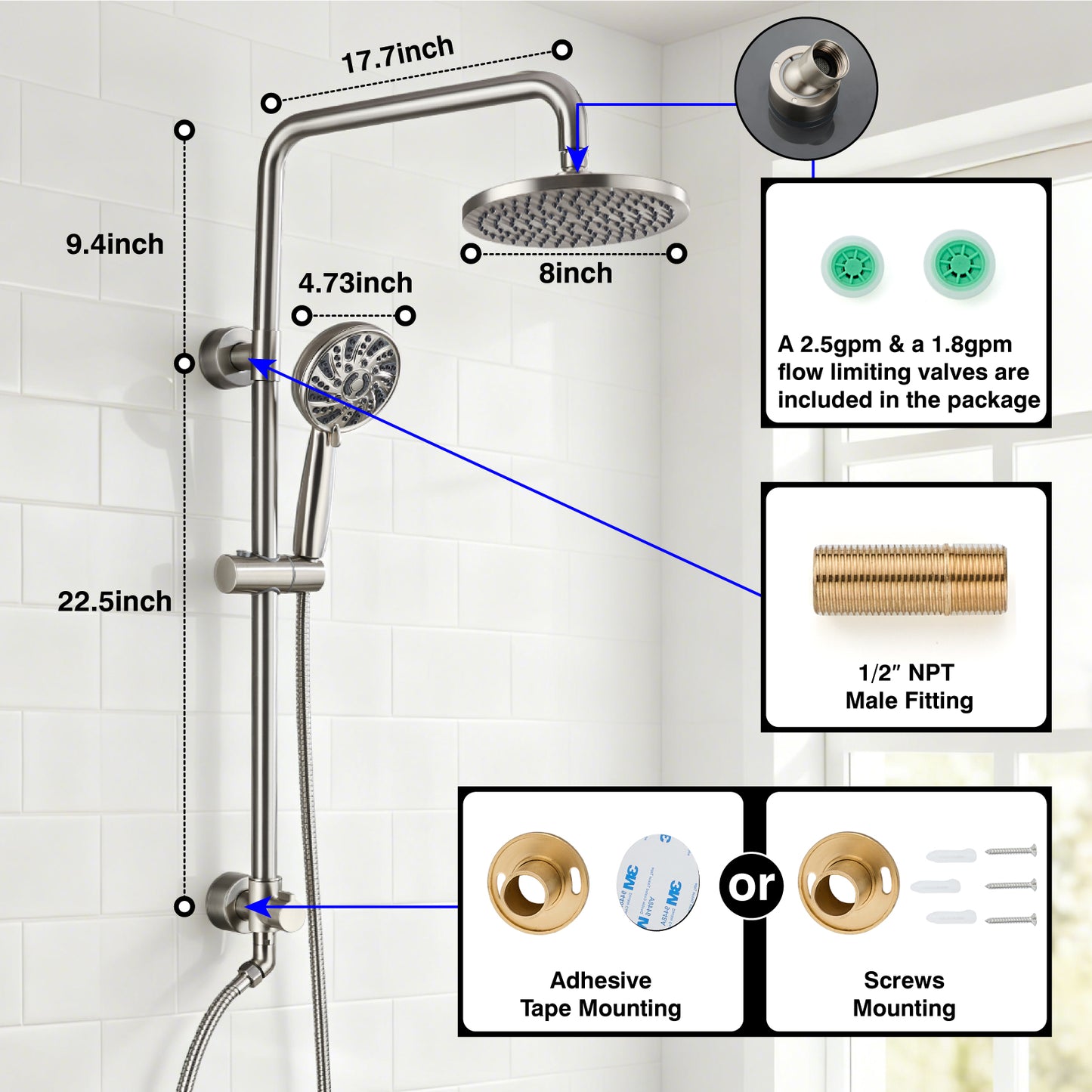 
                  
                    Midanya Retrofit Rain Shower System Wall Mount 8 Inch Rainfall Shower Head with 5-setting Handheld Spray Combo with Slide Bar
                  
                