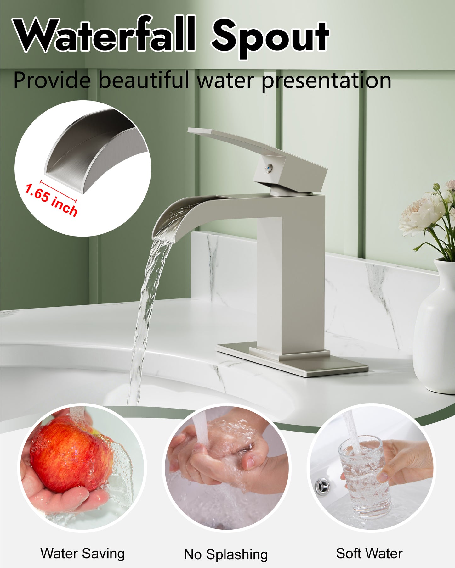 
                  
                    Midanya Waterfall Bathroom Faucet, Single Handle Bathroom Sink Faucet for Sink 1 or 4 Inch 3 Hole, Stainless Steel Vanity Faucets with Deck Plate and Pop up Drain
                  
                