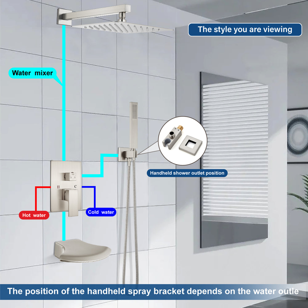 
                  
                    Midanya Rain Shower System 10 inch Tub Shower Faucet Set Square Rainfall Head with Handheld Sprayer and Waterfall Tub Spout Combo,Wall Mount
                  
                