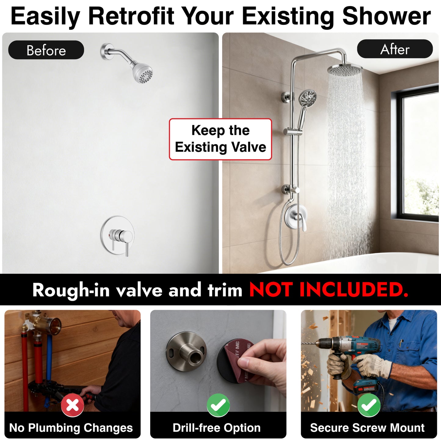 
                  
                    Midanya Retrofit Rain Shower System Wall Mount 8 Inch Rainfall Shower Head with 5-setting Handheld Spray Combo with Slide Bar
                  
                