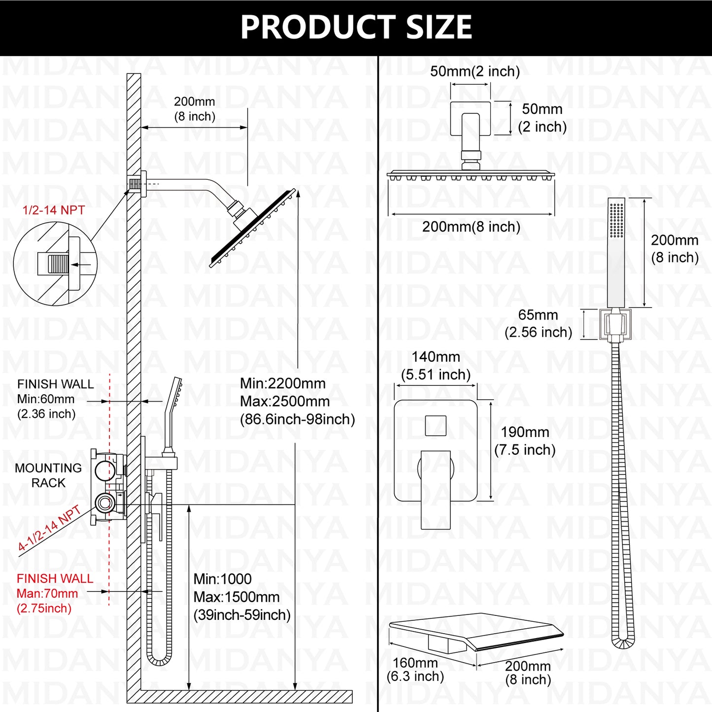 
                  
                    Midanya Rain Shower System Tub Shower Faucet Set 8 Inch Square Rainfall Shower Head with Handheld Sprayer and Waterfall Tub Spout Rough-in Valve Shower Mixer Combo
                  
                