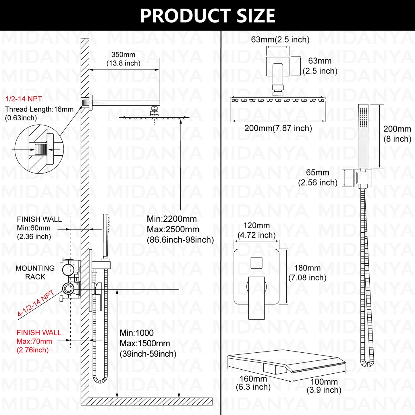 
                  
                    Midanya Rain Shower System with Tub Spout,Tub Shower Faucet Set with 8 inch rainfall Shower Head and Handheld Spray,Wall Mount Tub Shower Combo Rough-in Valve Included
                  
                