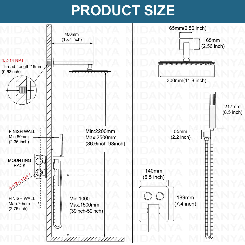 
                  
                    Midanya Rain Shower System with Push Button Diverter Bathroom Luxury Shower Faucets Sets Complete, Handheld Shower Head and 12 Inch Shower Head with Rough-in Valve Trim Kits
                  
                