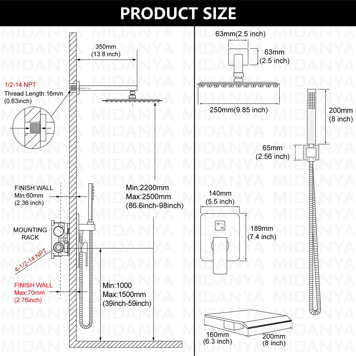 
                  
                    Midanya Rain Shower System Tub Shower Faucet Set 10 Inch Square Rainfall High Pressure Shower Head with Handheld Sprayer and Waterfall Tub Spout Rough-in Valve Shower Mixer Combo
                  
                