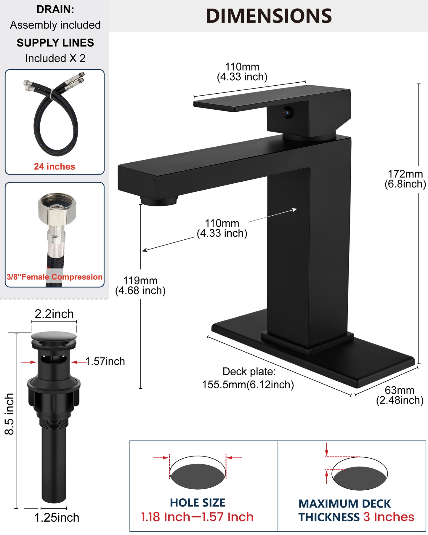 
                  
                    Midanya Bathroom Sink Faucet 1 Hole Single Handle Deck Mount Lavatory Mixer Tap with Cover Plate and Pop-up Drain One Lever Stainless Steel SUS304 Commercial
                  
                