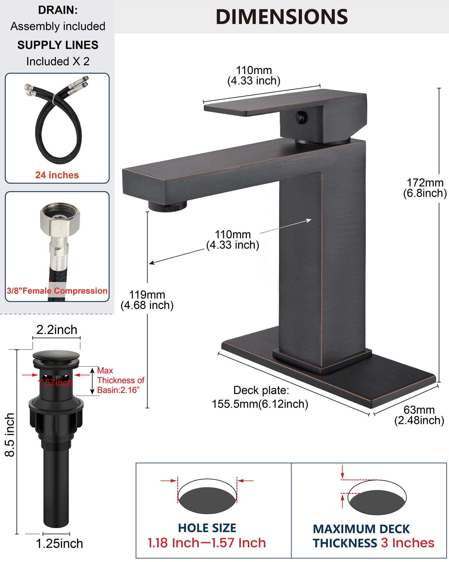 
                  
                    Midanya Bathroom Sink Faucet 1 Hole Single Handle Deck Mount Lavatory Mixer Tap with Cover Plate and Pop-up Drain One Lever Stainless Steel SUS304 Commercial
                  
                
