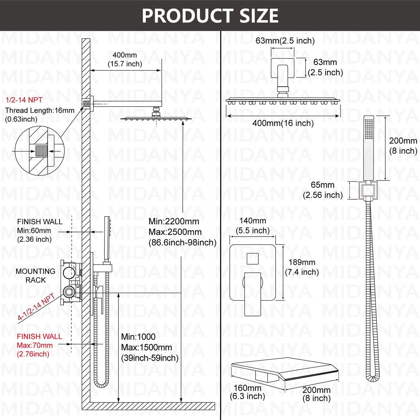 
                  
                    Midanya Rain Shower System Tub Shower Faucet Set 16 Inch Square Rainfall High Pressure Shower Head with Handheld Sprayer and Waterfall Tub Spout Rough-in Valve Shower Mixer Combo
                  
                