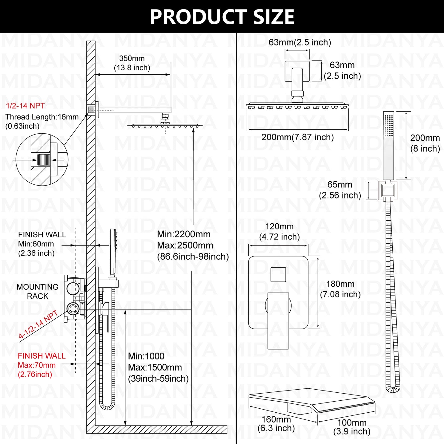 
                  
                    Midanya Rain Shower System with Tub Spout,Tub Shower Faucet Set with 8 inch rainfall Shower Head and Handheld Spray,Wall Mount Tub Shower Combo Rough-in Valve Included
                  
                