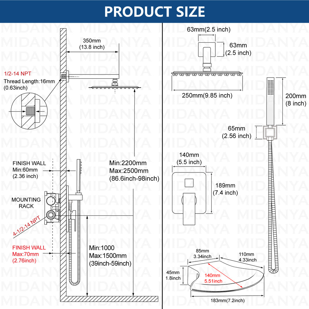 
                  
                    Midanya Rain Shower System 10 inch Tub Shower Faucet Set Square Rainfall Head with Handheld Sprayer and Waterfall Tub Spout Combo,Wall Mount
                  
                