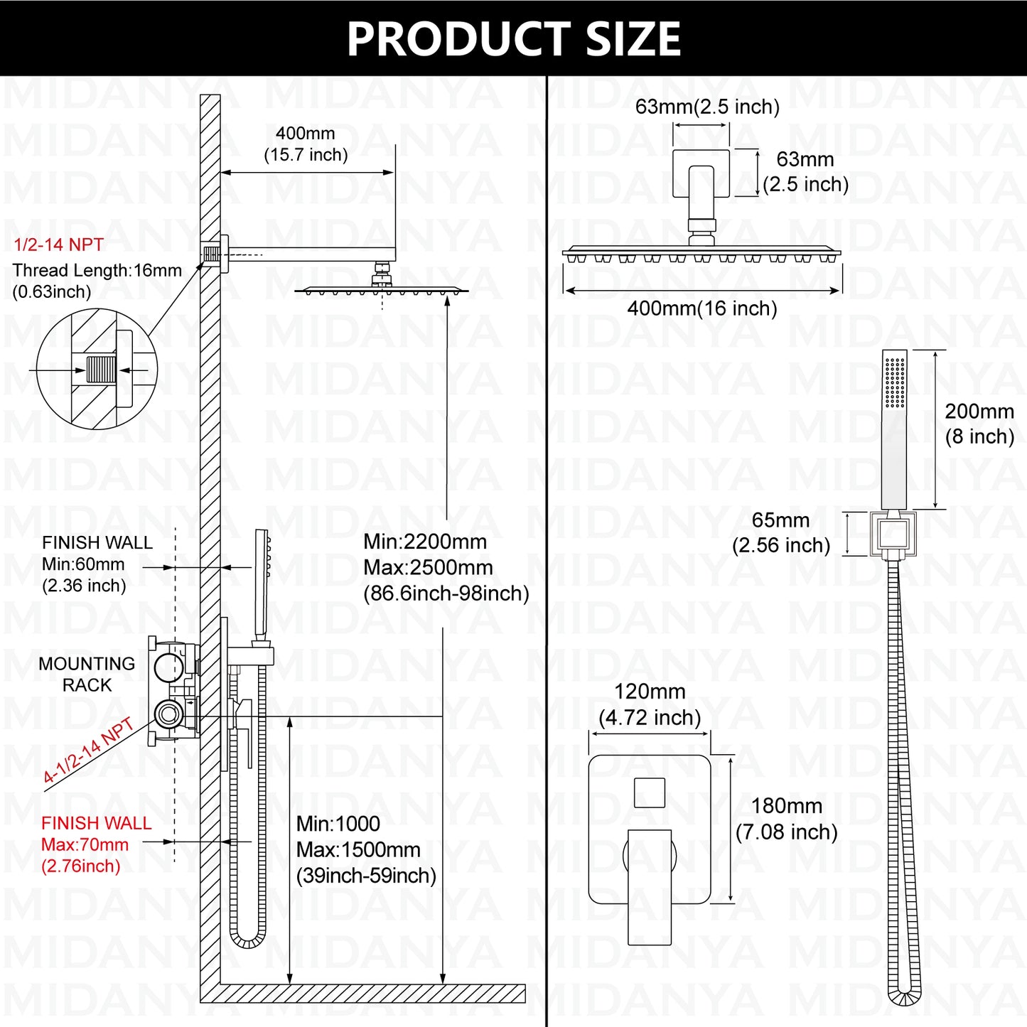 
                  
                    Midanya Rain Shower System Wall Mount Shower Faucet Set 16 Inch Square High Pressure Showerhead with Hand Sprayer Rough-In Valve Body and Trim Included Mixer Shower Combo Set Bathroom
                  
                