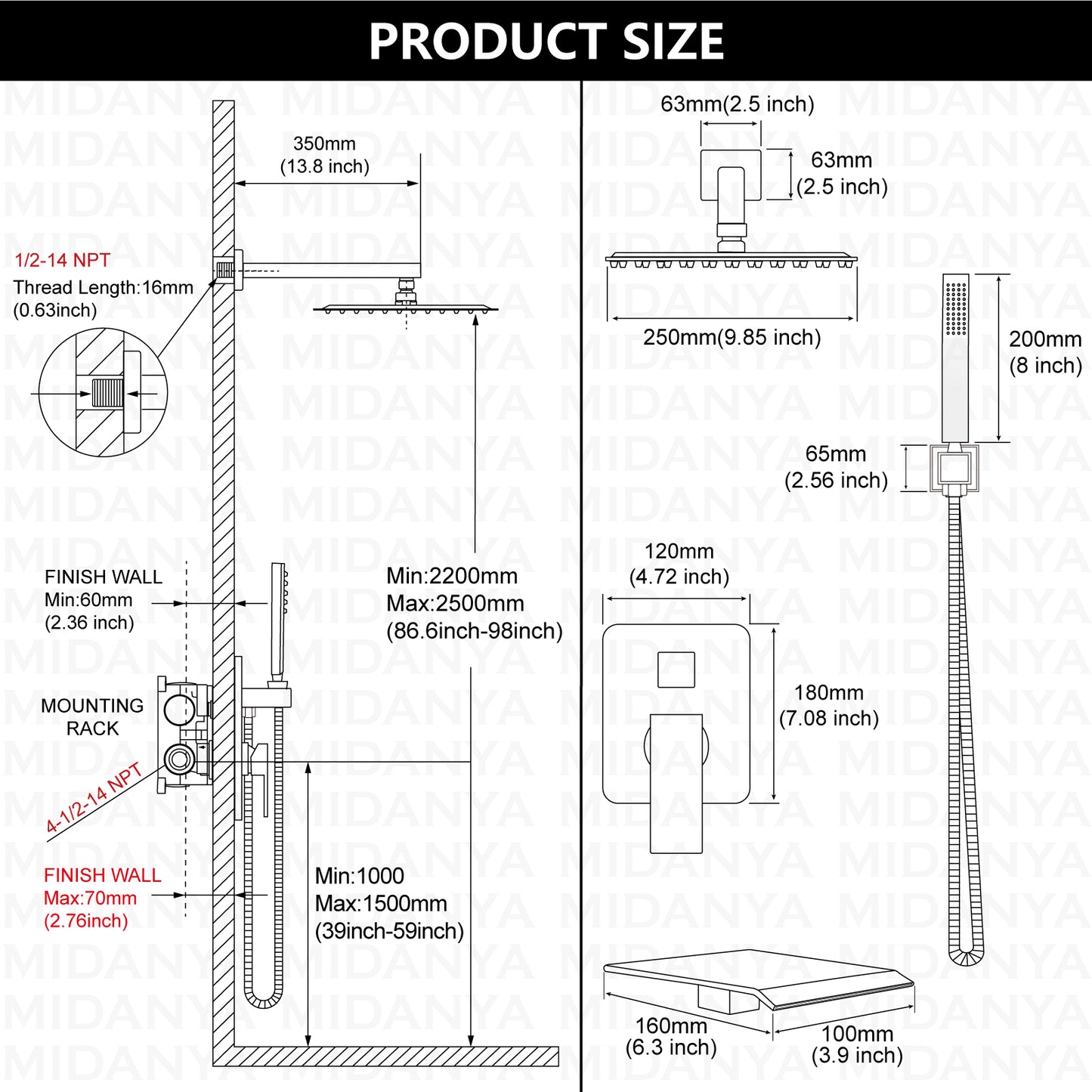 
                  
                    Midanya Rain Shower System with Tub Spout,Tub Shower Faucet Set with 10 inch rainfall Shower Head and Handheld Spray,Wall Mount Tub Shower Combo Rough-in Valve Included
                  
                