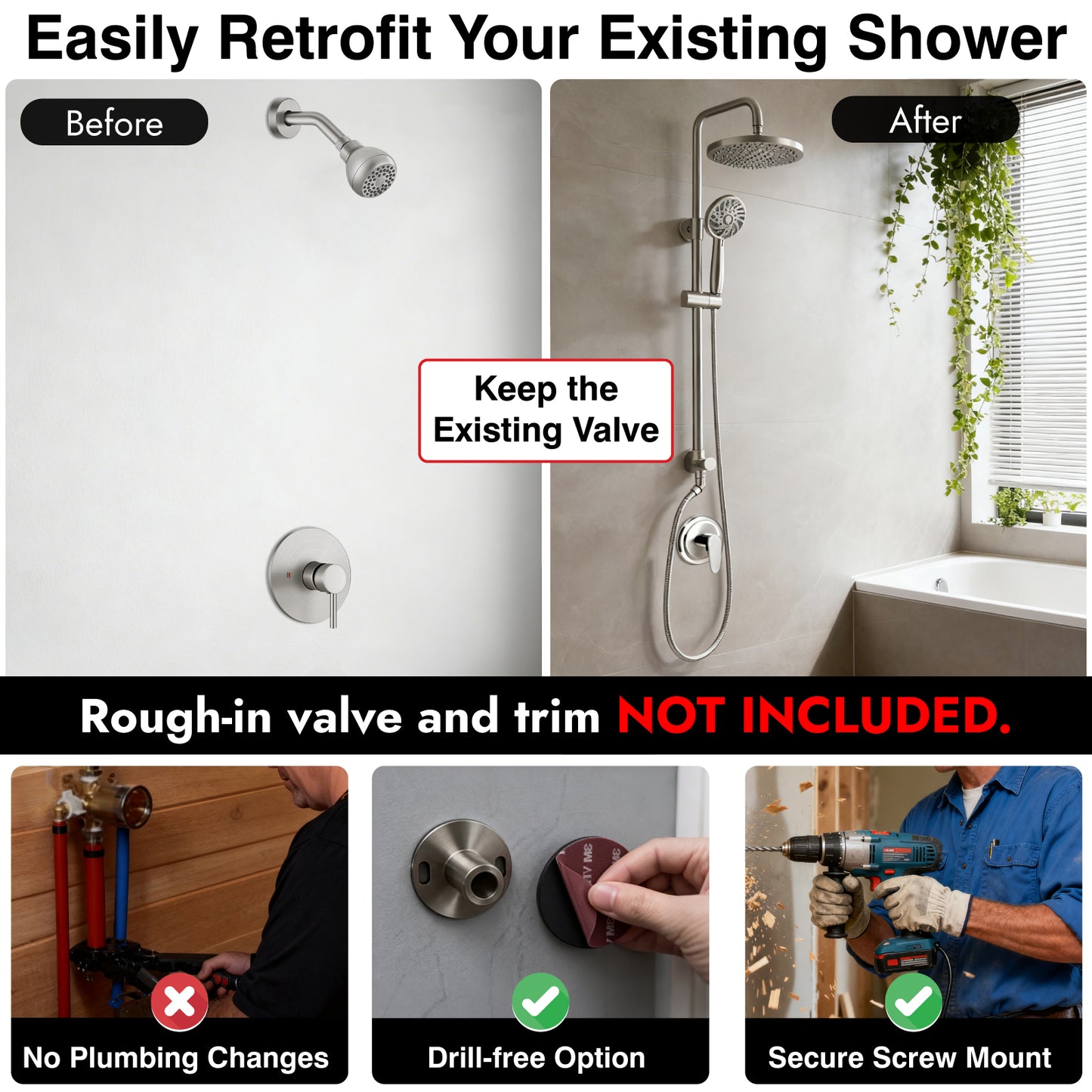 
                  
                    Midanya Retrofit Rain Shower System Wall Mount 8 Inch Rainfall Shower Head with 5-setting Handheld Spray Combo with Slide Bar
                  
                
