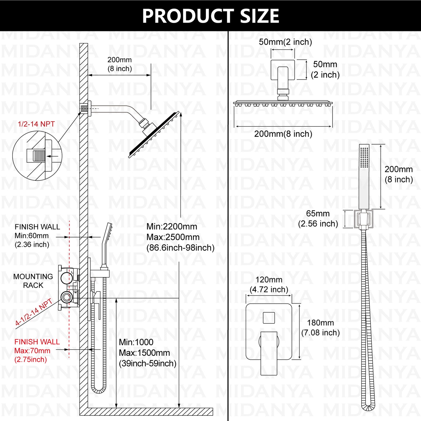 
                  
                    Midanya Rain Shower System Wall Mount Shower Faucet Set 8 Inch Square High Pressure Showerhead with Hand Sprayer Rough-In Valve Body and Trim Included Mixer Shower Combo Set Bathroom
                  
                