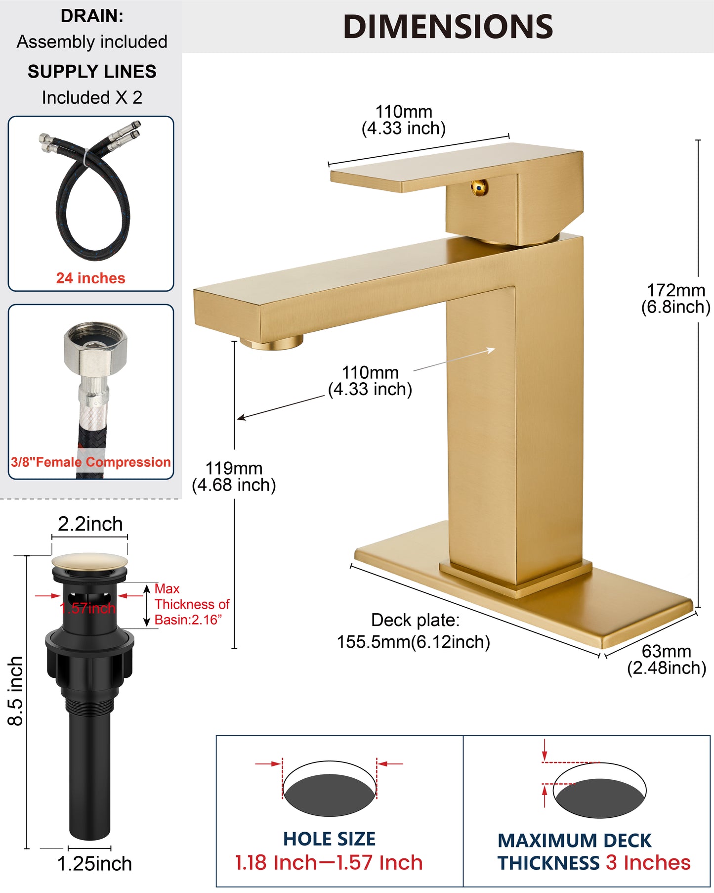 
                  
                    Midanya Bathroom Sink Faucet 1 Hole Single Handle Deck Mount Lavatory Mixer Tap with Cover Plate and Pop-up Drain One Lever Stainless Steel SUS304 Commercial
                  
                
