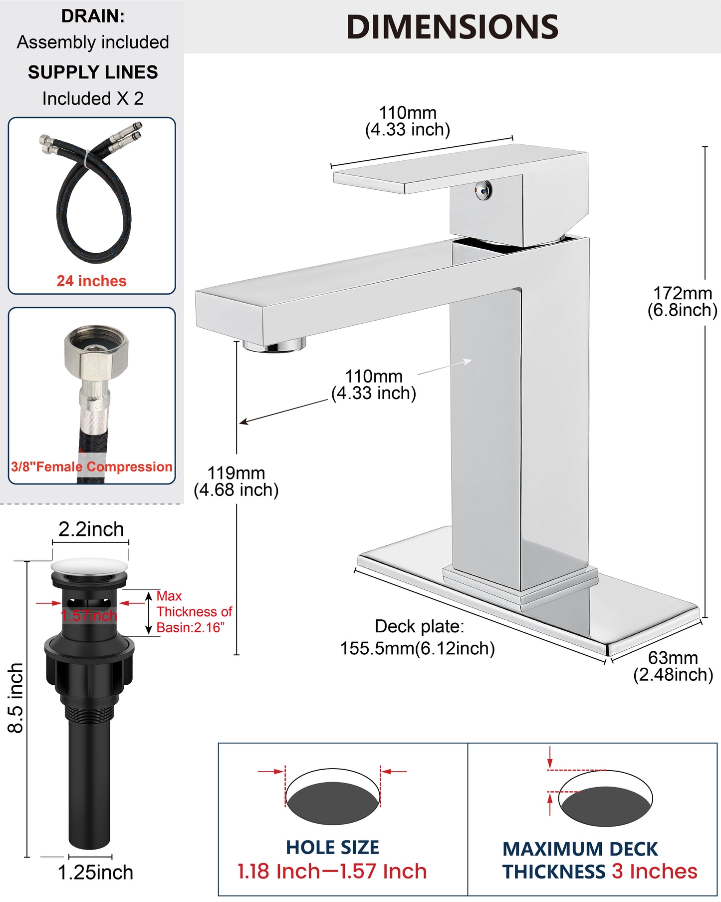 
                  
                    Midanya Bathroom Sink Faucet 1 Hole Single Handle Deck Mount Lavatory Mixer Tap with Cover Plate and Pop-up Drain One Lever Stainless Steel SUS304 Commercial
                  
                