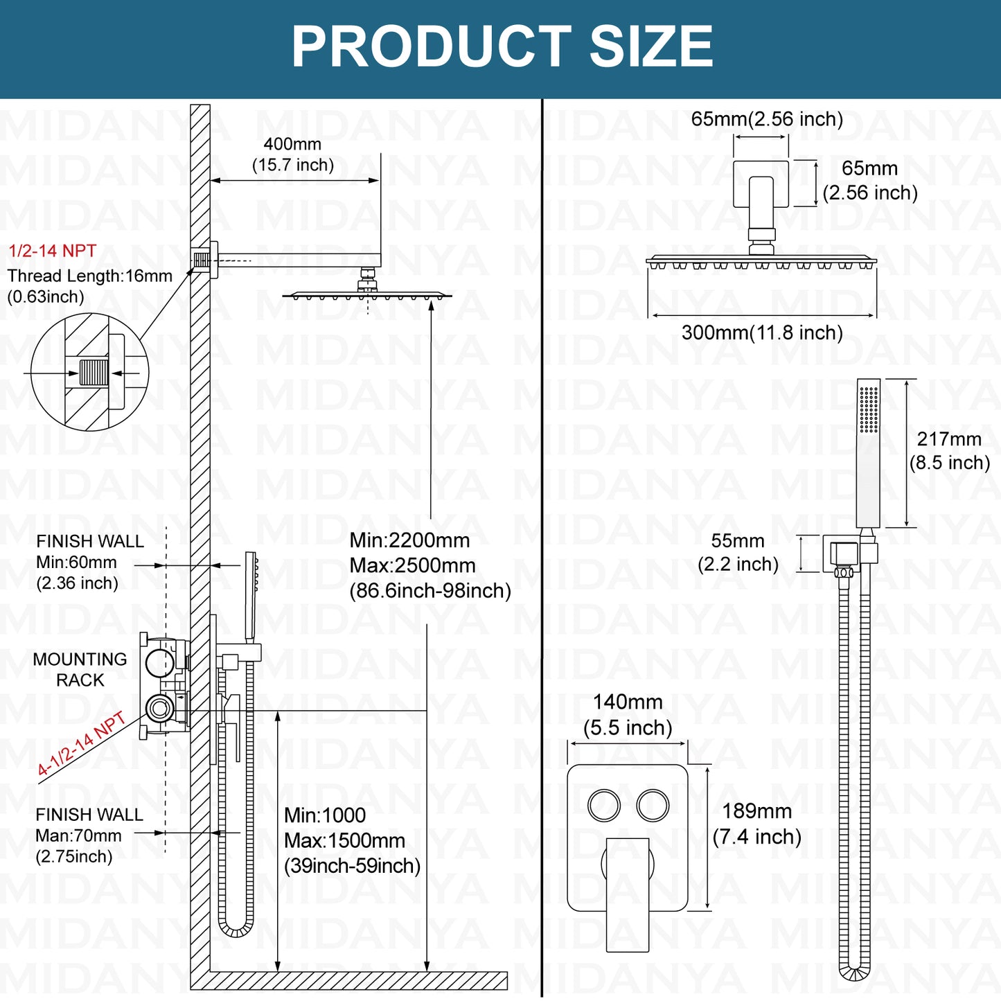 
                  
                    Midanya Rain Shower System with Push Button Diverter Bathroom Luxury Shower Faucets Sets Complete, Handheld Shower Head and 12 Inch Shower Head with Rough-in Valve Trim Kits
                  
                