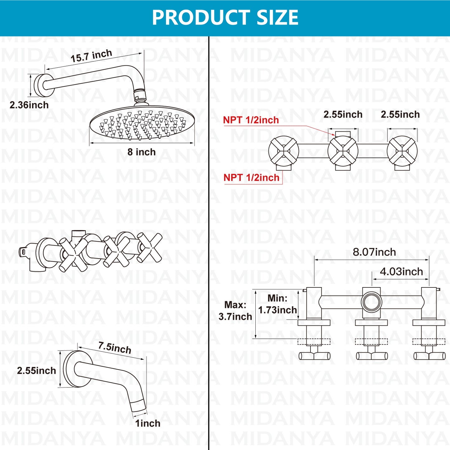 
                  
                    Midanya 3 Handle Tub Shower Faucet with Tub Spout,8-inch Rainfall Bathtub Rain Shower Faucet Set and Rough-in Valve Wall Mount Bathroom Trim Kit Shower System, Round Shower Head
                  
                