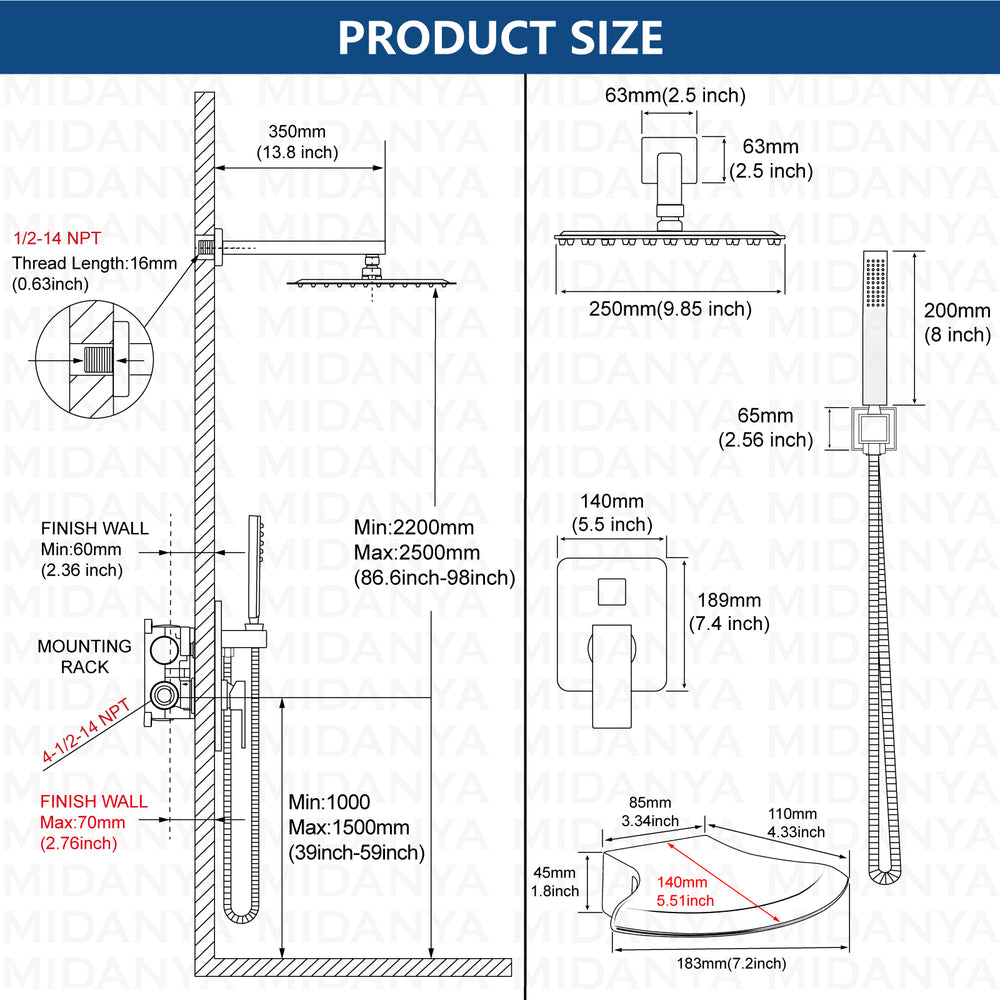 
                  
                    Midanya Rain Shower System Tub Shower Faucet Set Square Rainfall Head with Handheld Sprayer and Waterfall Tub Spout Combo,Wall Mount 10 Inch, Matte Black
                  
                