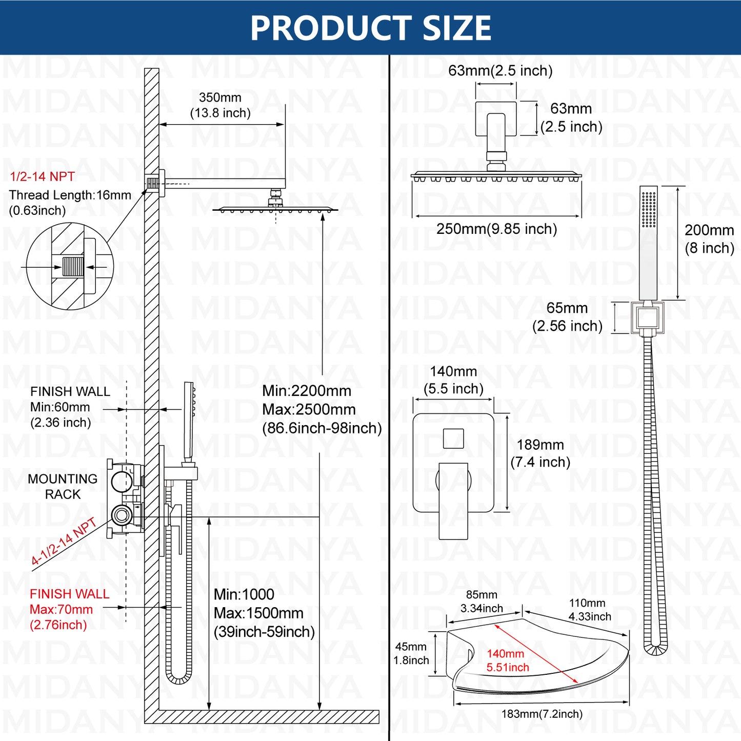 
                  
                    Midanya Rain Shower System Tub Shower Faucet Set Square Rainfall Head with Handheld Sprayer and Waterfall Tub Spout Combo,Wall Mount 10 Inch, Matte Black
                  
                