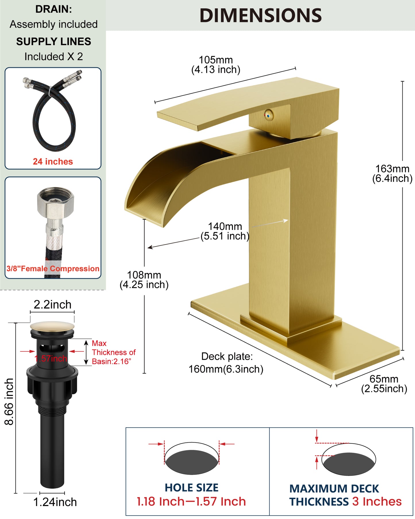 
                  
                    Midanya Waterfall Bathroom Faucet, Single Handle Bathroom Sink Faucet for Sink 1 or 4 Inch 3 Hole, Stainless Steel Vanity Faucets with Deck Plate and Pop up Drain
                  
                