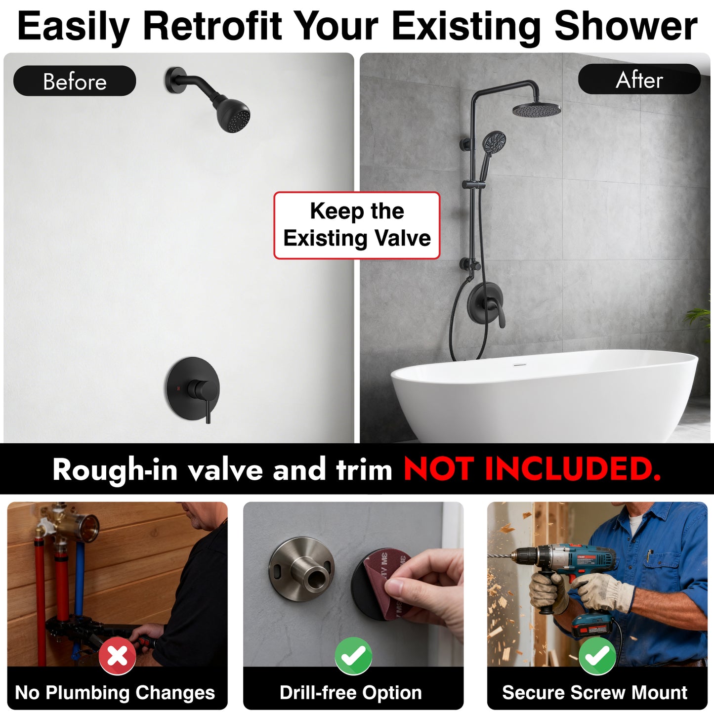 
                  
                    Midanya Retrofit Rain Shower System Wall Mount 8 Inch Rainfall Shower Head with 5-setting Handheld Spray Combo with Slide Bar
                  
                