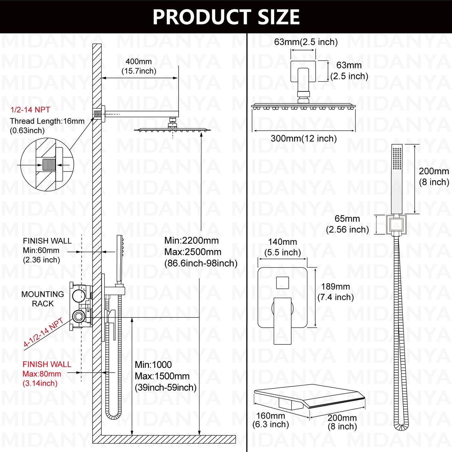 
                  
                    Midanya Rain Shower System Tub Shower Faucet Set 12 Inch Square Rainfall Shower Head with Handheld Sprayer and Waterfall Tub Spout Rough-in Valve Shower Mixer Combo
                  
                