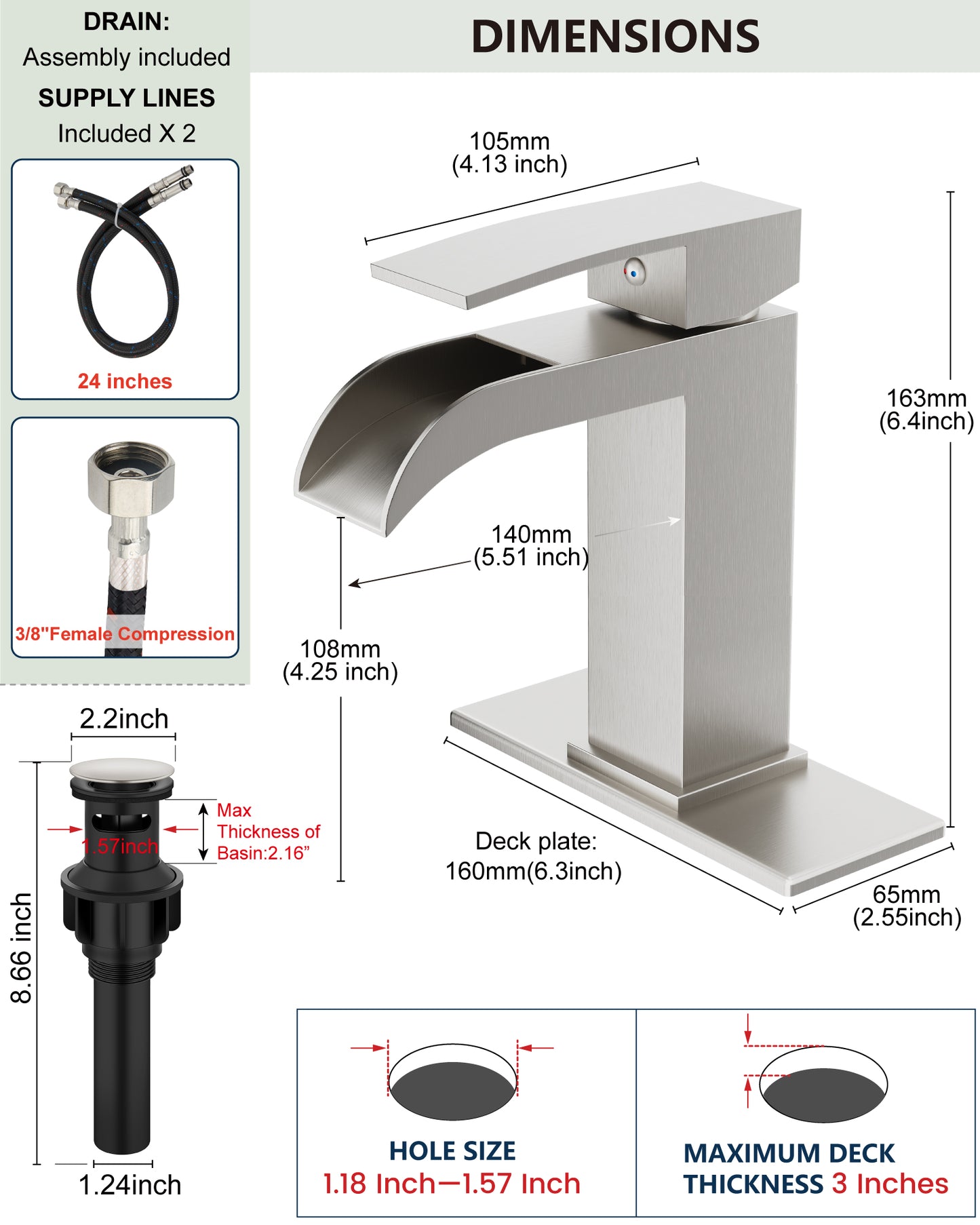 
                  
                    Midanya Waterfall Bathroom Faucet, Single Handle Bathroom Sink Faucet for Sink 1 or 4 Inch 3 Hole, Stainless Steel Vanity Faucets with Deck Plate and Pop up Drain
                  
                