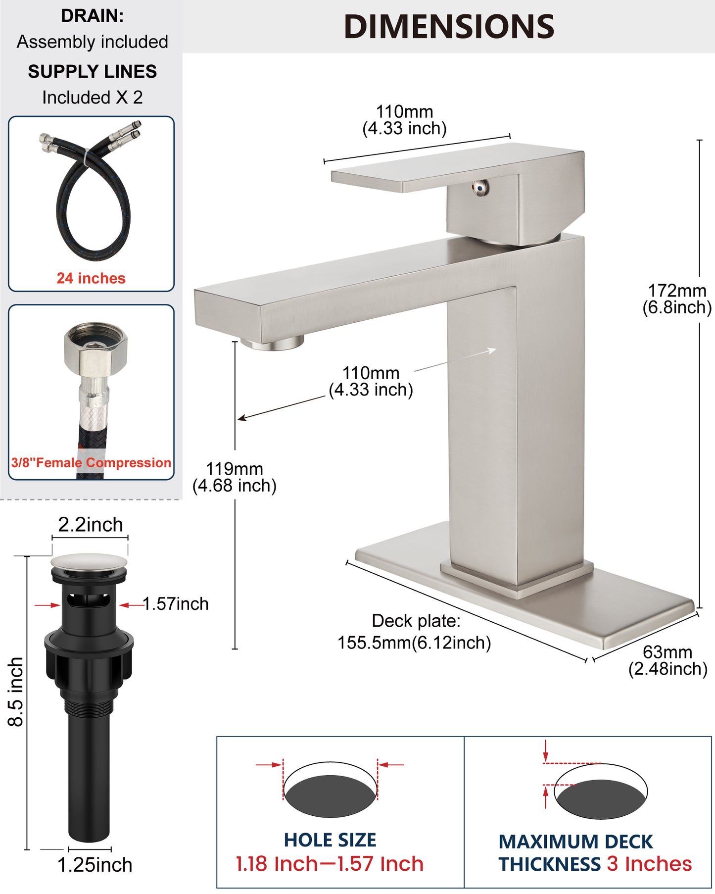 
                  
                    Midanya Bathroom Sink Faucet 1 Hole Single Handle Deck Mount Lavatory Mixer Tap with Cover Plate and Pop-up Drain One Lever Stainless Steel SUS304 Commercial
                  
                