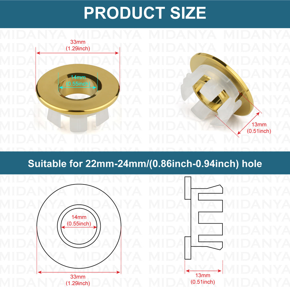 
                  
                    Midanya Sink Basin Trim Overflow Cover, Solid Brass Insert in Hole Round Caps, Vanity Vessel Sink Overflow Ring, Sink Overflow Cover Round Caps for Kitchen Bathroom, Pack of 1
                  
                
