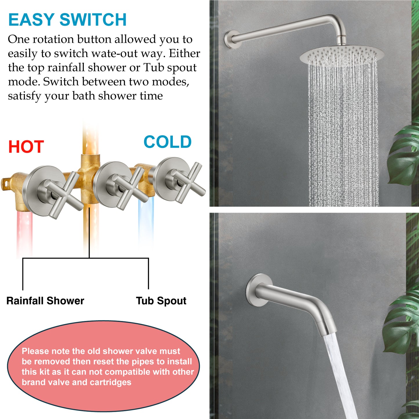 
                  
                    Midanya 3 Handle Tub Shower Faucet with Tub Spout,8-inch Rainfall Bathtub Rain Shower Faucet Set and Rough-in Valve Wall Mount Bathroom Trim Kit Shower System, Round Shower Head
                  
                