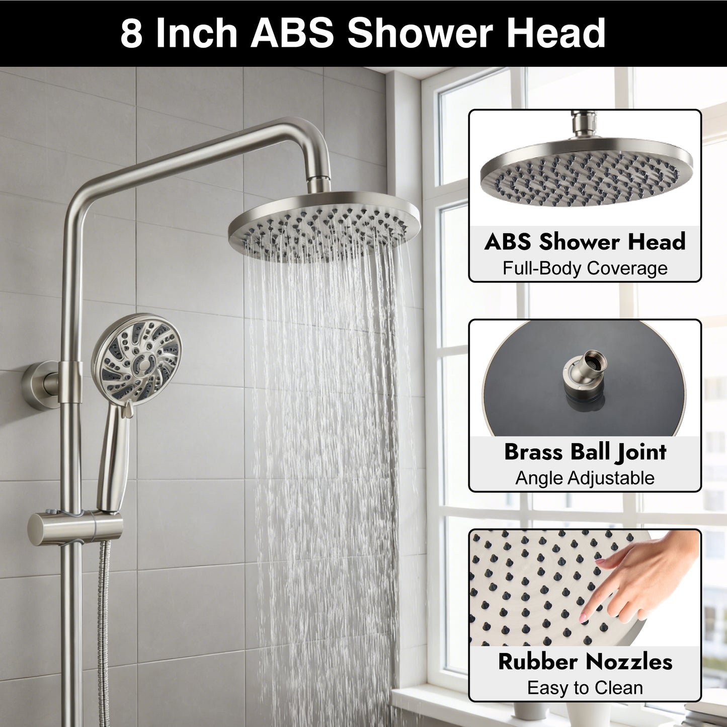 
                  
                    Midanya Retrofit Rain Shower System Wall Mount 8 Inch Rainfall Shower Head with 5-setting Handheld Spray Combo with Slide Bar
                  
                