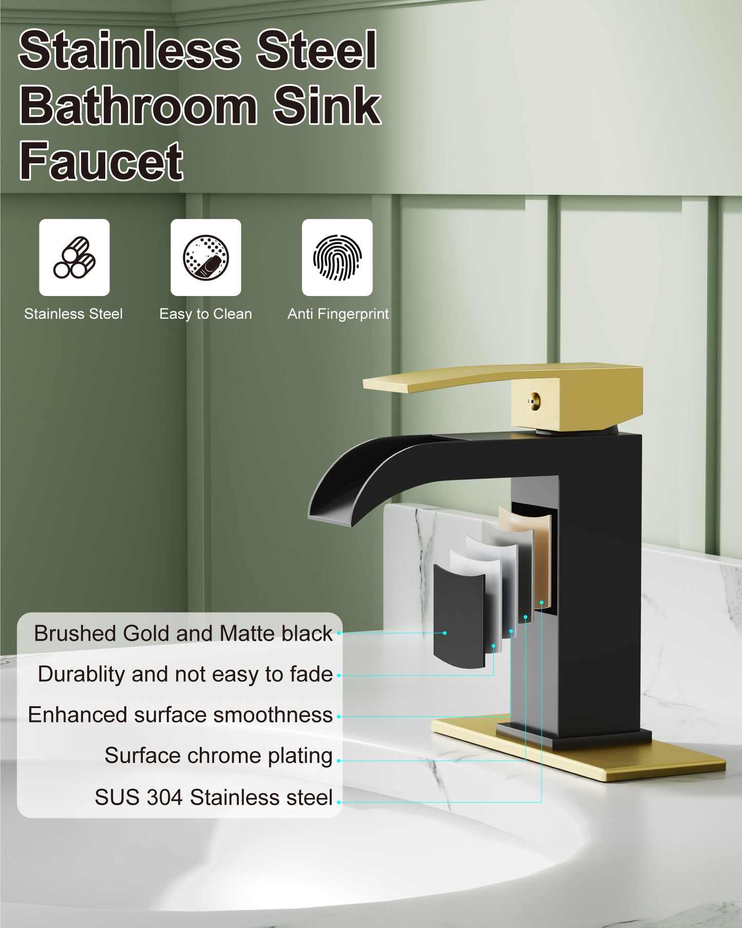 
                  
                    Midanya Waterfall Bathroom Faucet, Single Handle Bathroom Sink Faucet for Sink 1 or 4 Inch 3 Hole, Stainless Steel Vanity Faucets with Deck Plate and Pop up Drain
                  
                