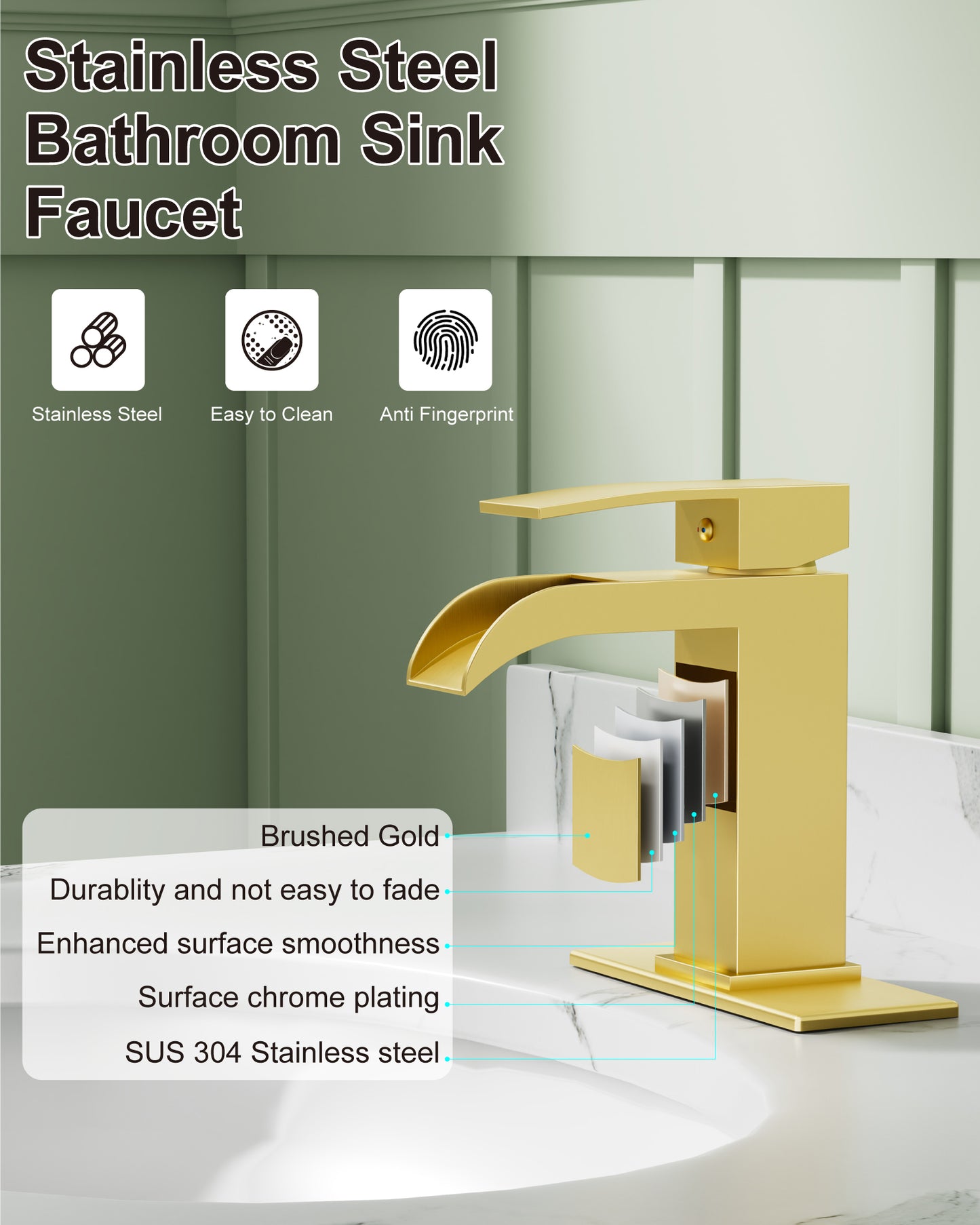
                  
                    Midanya Waterfall Bathroom Faucet, Single Handle Bathroom Sink Faucet for Sink 1 or 4 Inch 3 Hole, Stainless Steel Vanity Faucets with Deck Plate and Pop up Drain
                  
                