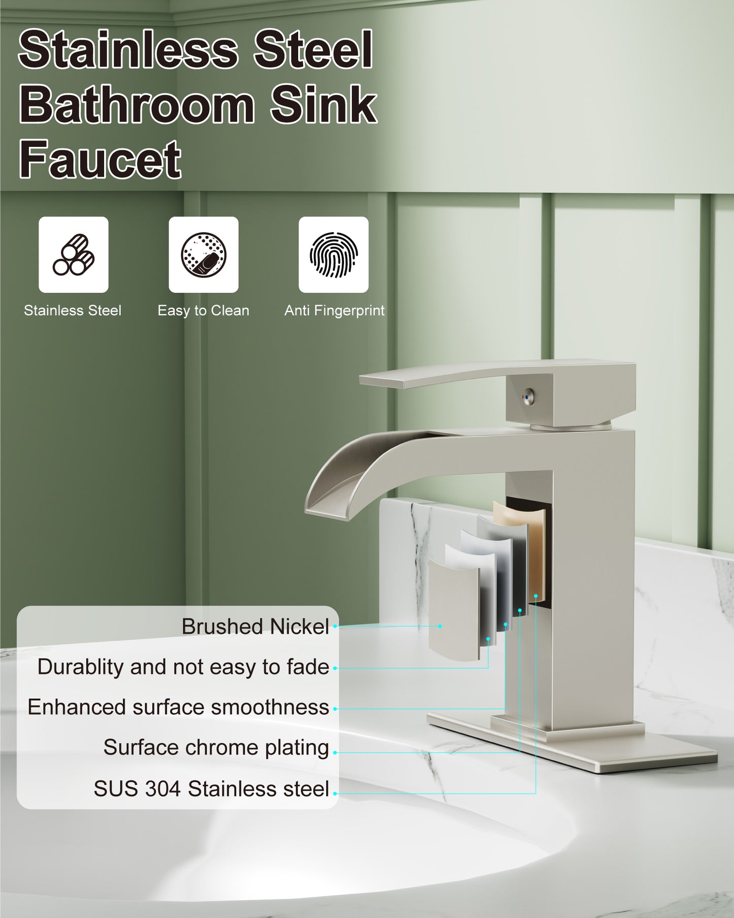 
                  
                    Midanya Waterfall Bathroom Faucet, Single Handle Bathroom Sink Faucet for Sink 1 or 4 Inch 3 Hole, Stainless Steel Vanity Faucets with Deck Plate and Pop up Drain
                  
                