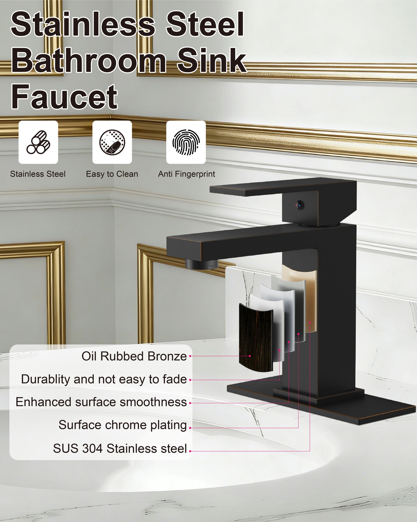 
                  
                    Midanya Bathroom Sink Faucet 1 Hole Single Handle Deck Mount Lavatory Mixer Tap with Cover Plate and Pop-up Drain One Lever Stainless Steel SUS304 Commercial
                  
                