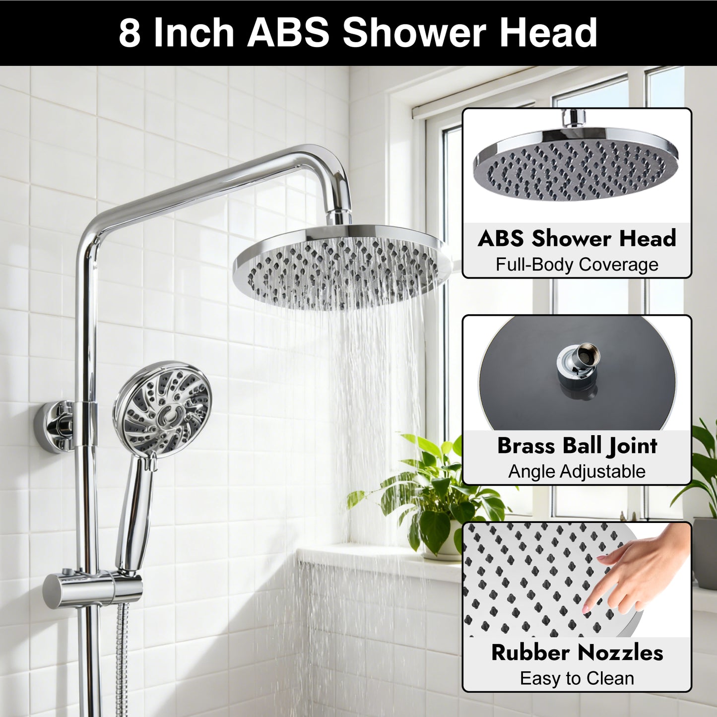 
                  
                    Midanya Retrofit Rain Shower System Wall Mount 8 Inch Rainfall Shower Head with 5-setting Handheld Spray Combo with Slide Bar
                  
                