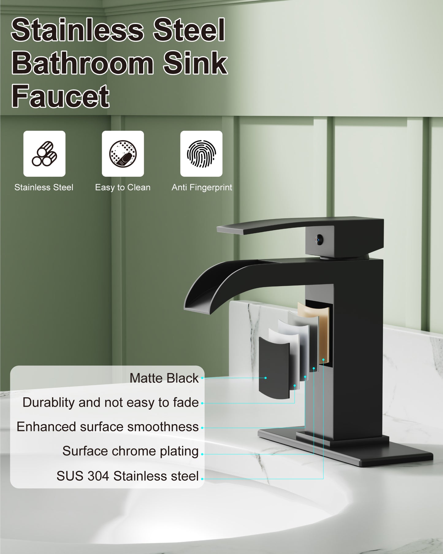 
                  
                    Midanya Waterfall Bathroom Faucet, Single Handle Bathroom Sink Faucet for Sink 1 or 4 Inch 3 Hole, Stainless Steel Vanity Faucets with Deck Plate and Pop up Drain
                  
                