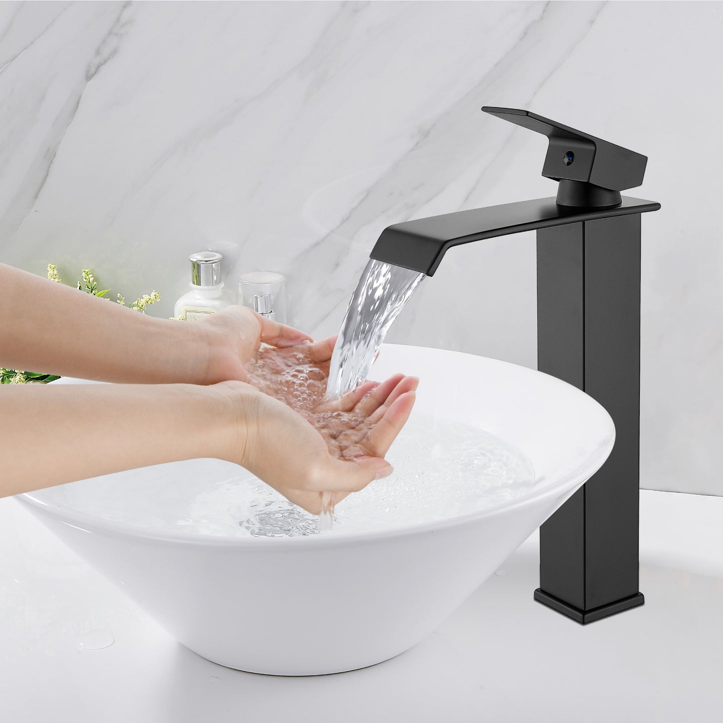 
                  
                    Midanya Waterfall Bathroom Faucets, Single Handle 1 Hole Bathroom Sink Faucet Modern RV Vanity Restroom Lavatory Basin Faucet with Pop Up Drain,Tall Body
                  
                