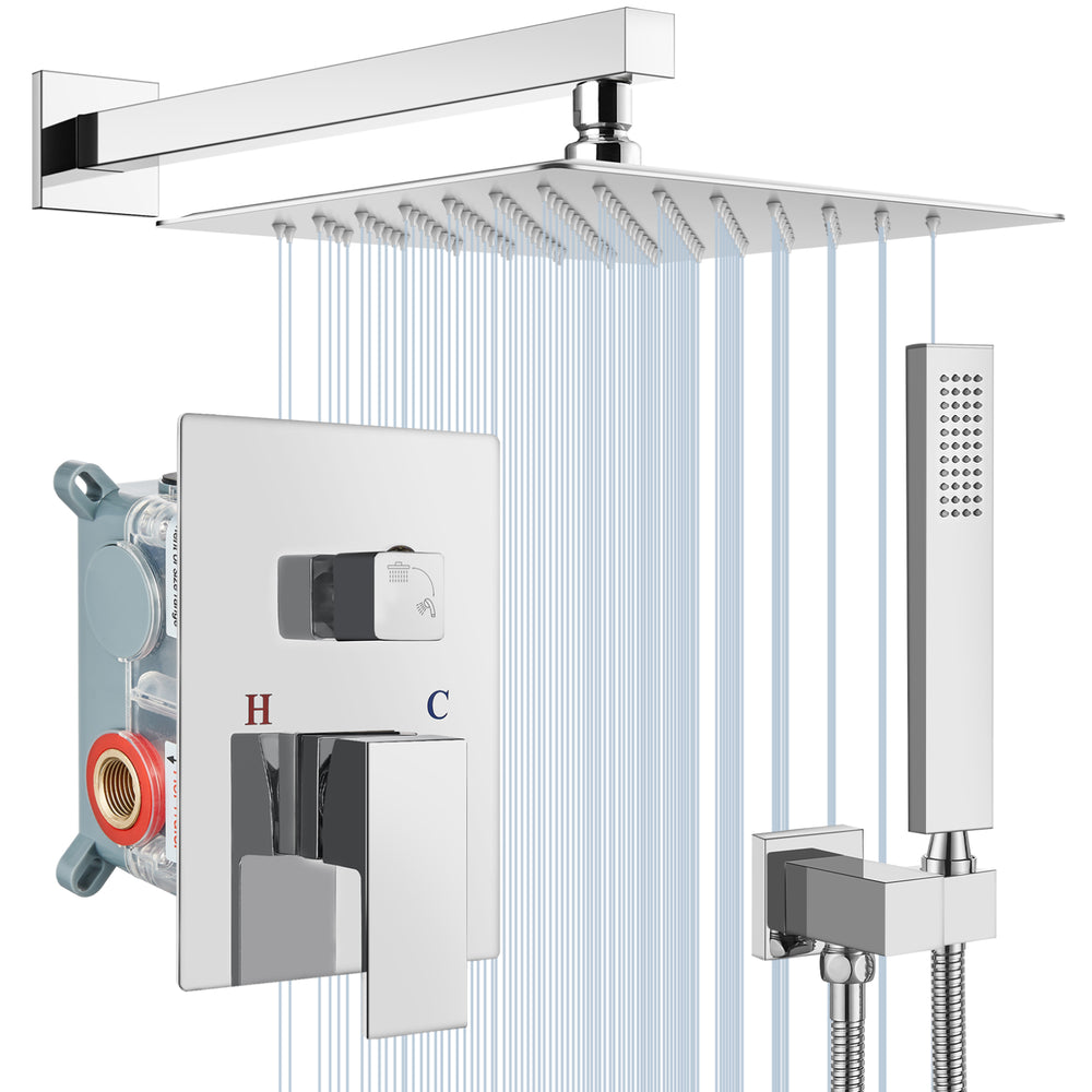 Midanya Rain Shower System 12 Inch Square Rainfall High Pressure Shower Head Wall Mount Shower Faucet Set with Hand Sprayer and Rough-in Valve Trim Kit Bathroom Mixer Shower Combo Set