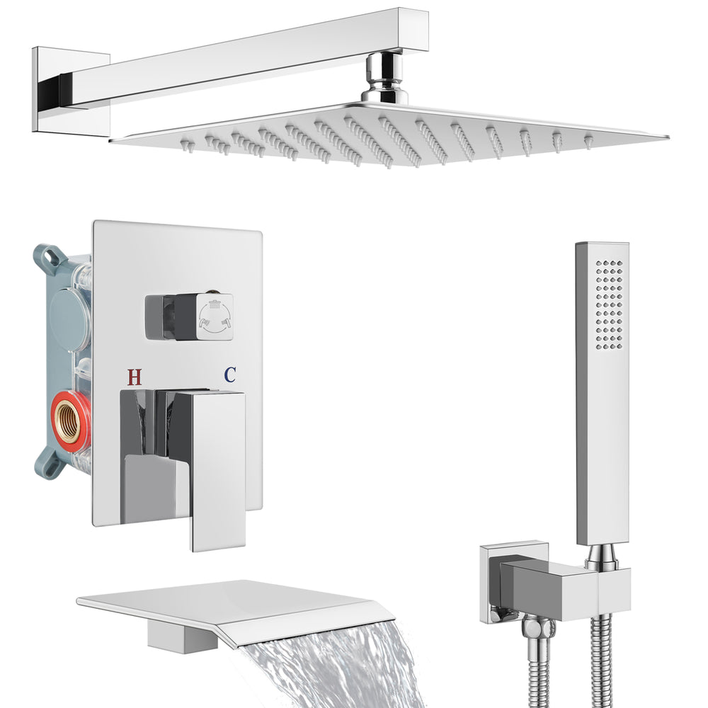 Midanya Rain Shower System Tub Shower Faucet Set 10 Inch Square Rainfall High Pressure Shower Head with Handheld Sprayer and Waterfall Tub Spout Rough-in Valve Shower Mixer Combo