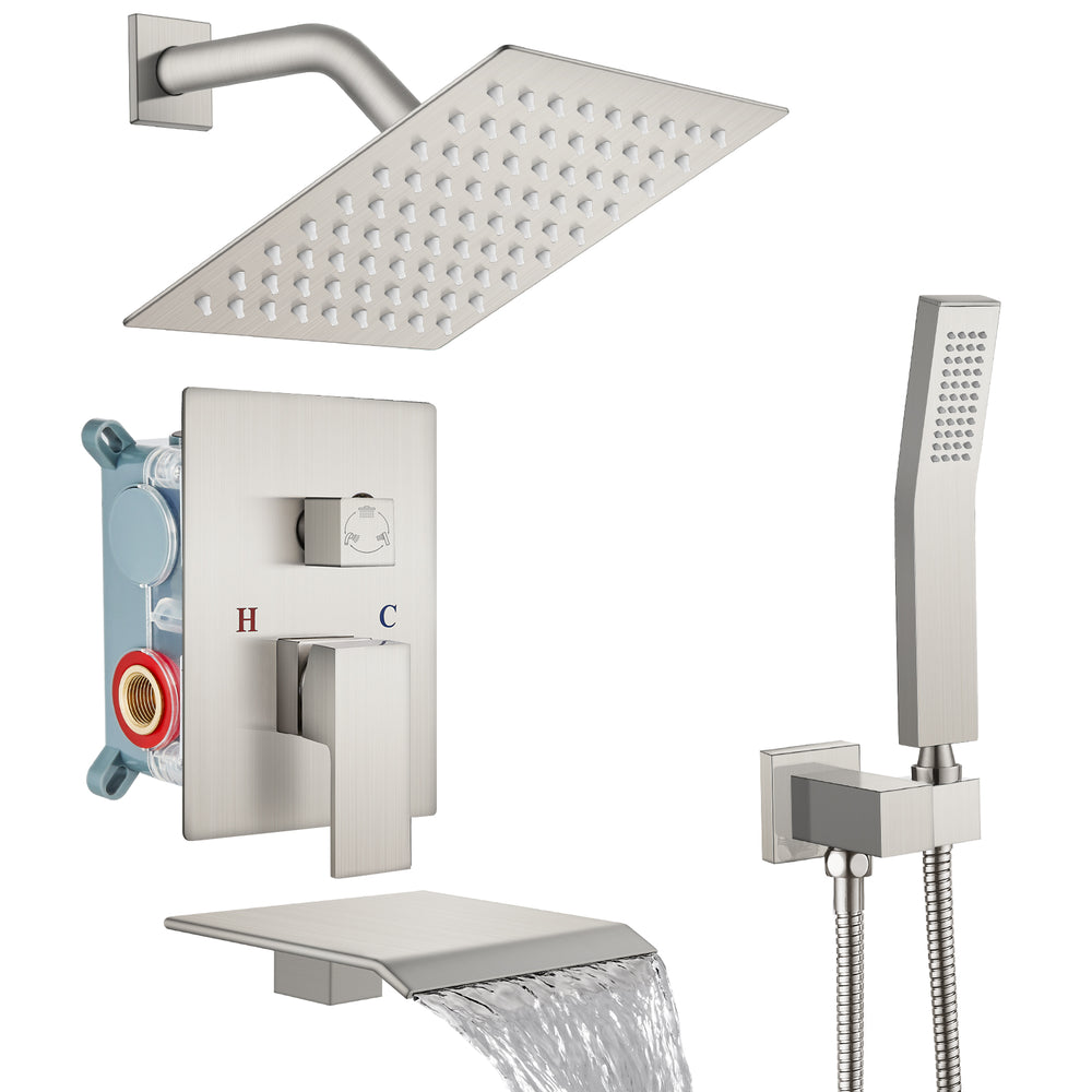 Midanya Rain Shower System Tub Shower Faucet Set 8 Inch Square Rainfall Shower Head with Handheld Sprayer and Waterfall Tub Spout Rough-in Valve Shower Mixer Combo