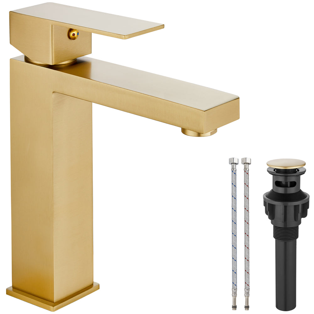 Midanya  Bathroom Faucet Single Handle Lavatory Vanity Sink Faucet with Pop Up Drain Stopper, Cover Plate and Water Supply Line Stainless Steel Mixing Tap for Bathroom Sink